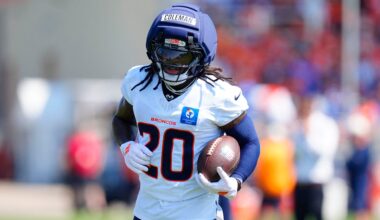 Jul 31, 2026; Englewood, CO, USA; Denver Broncos running back Jonah Coleman (20) during training camp at Broncos Park.