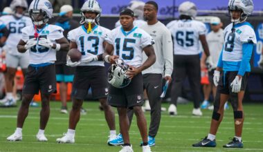 Aug 4, 2026; Charlotte, NC, USA; Carolina Panthers wide receiver Jimmy Horn Jr. (15) and receivers during training camp at Bank of America Stadium.