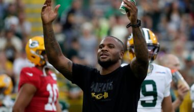 Green Bay Packers edge defender Micah Parsons hype up the crowd at Green Bay Packers Family Night on Aug. 7, 2026, at Lambeau Field in Green Bay, Wis.