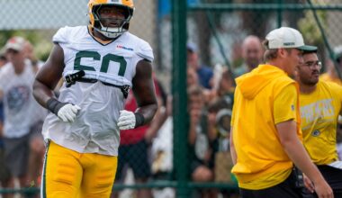 Green Bay Packers defensive lineman Anthony Campbell (60) runs through a drill during a joint practice with the Arizona Cardinals on Wednesday, Aug. 26, 2026, at Ray Nitschke Field in Ashwaubenon, Wisconsin.