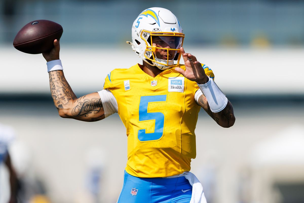 Trey Lance #5 of the Los Angeles Chargers throws during training camp at The Bolt on August 6, 2026 in El Segundo, California. Trey Lance #5 of the Los Angeles Chargers throws during training camp at The Bolt on August 6, 2026 in El Segundo, California.
