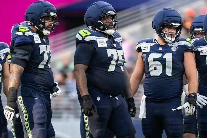 Seattle Seahawks guard Anthony Bradford (75) practices at Lumen Field on Saturday, Aug. 8, 2026 in Seattle. (Rod Mar / Seattle Seahawks)