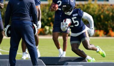 Kyle Monangai departs Bears practice injured while tackle Ozzy Trapilo returns from PUP list | Chicago Bears