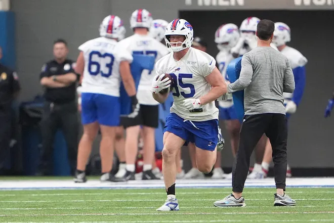 Jun 9, 2026; Orchard Park, NY, USA; Buffalo Bills tight end Jackson Hawes (85) trains during Buffalo Bills Minicamp. Mandatory Credit: Gregory Fisher-Imagn Images