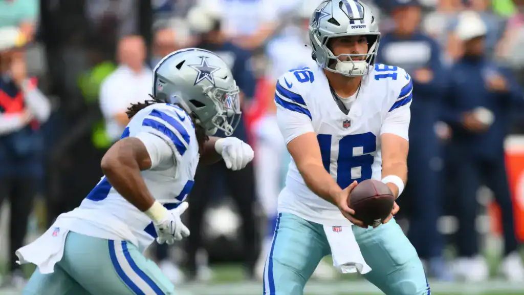 Dallas is Chasing Rare Preseason History in 2026 Dallas Cowboys quarterback Sam Howell hands the ball to running back Jaydon Blue during a preseason game against the Seattle Seahawks