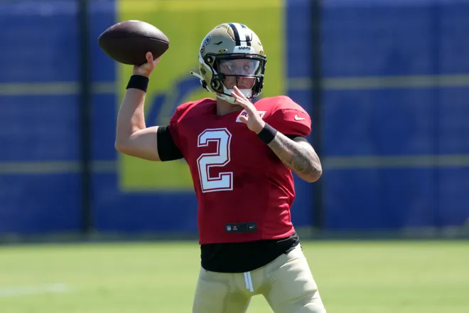 Aug 20, 2026; Woodland Hills, CA, USA; New Orleans Saints quarterback Spencer Rattler (2) throws the ball against the Los Angeles Rams during a joint practice at Rams Practice Facility. Mandatory Credit: Kirby Lee-Imagn Images