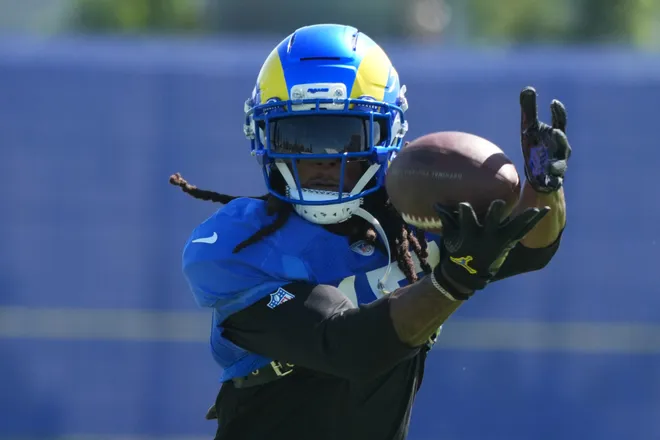 Aug 20, 2026; Woodland Hills, CA, USA; Los Angeles Rams wide receiver Davante Adams (17) catches the ball against the New Orleans Saints during a joint practice at Rams Practice Facility. Mandatory Credit: Kirby Lee-Imagn Images