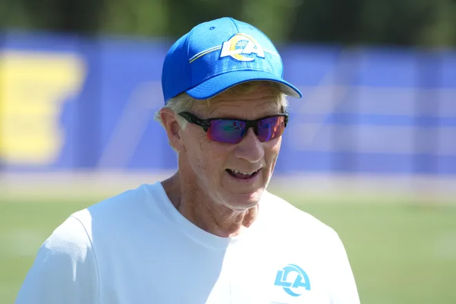 Aug 20, 2026; Woodland Hills, CA, USA; Tim McVay, the father of Los Angeles Rams head coach Sean McVay, during a joint practice against the New Orleans Saints at Rams Practice Facility. Mandatory Credit: Kirby Lee-Imagn Images
