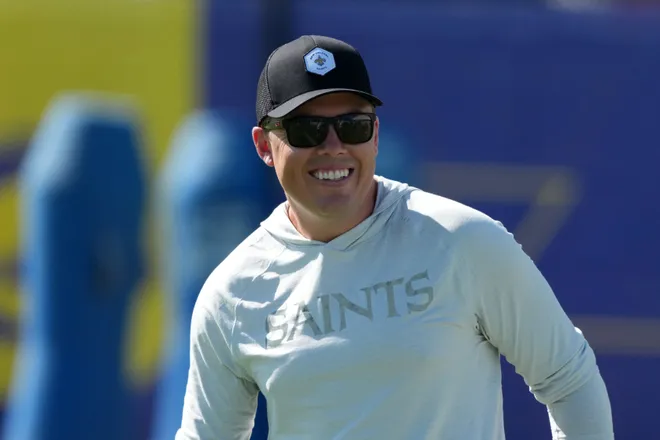 Aug 20, 2026; Woodland Hills, CA, USA; New Orleans Saints head coach Kellen Moore reacts during a joint practice against the Los Angeles Rams at Rams Practice Facility. Mandatory Credit: Kirby Lee-Imagn Images