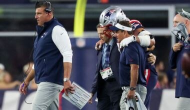 New England Patriots offensive lineman Ben Brown is helped off the field after an injury against the Indianapolis Colts as head coach Mike Vrabel walks towards the bench during the first half of an NFL preseason football game, Thursday, Aug. 13, 2026, in Foxborough, Mass. (AP Photo/Mark Stockwell)