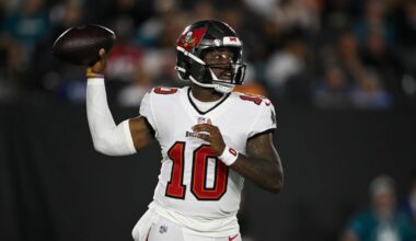 Tampa Bay Buccaneers quarterback Jalon Daniels (10) looks to pass the ball during the first half of an NFL preseason football game against the Jacksonville Jaguars, Friday, Aug. 28, 2026, in Jacksonville, Fla. (AP Photo/Phelan M. Ebenhack)