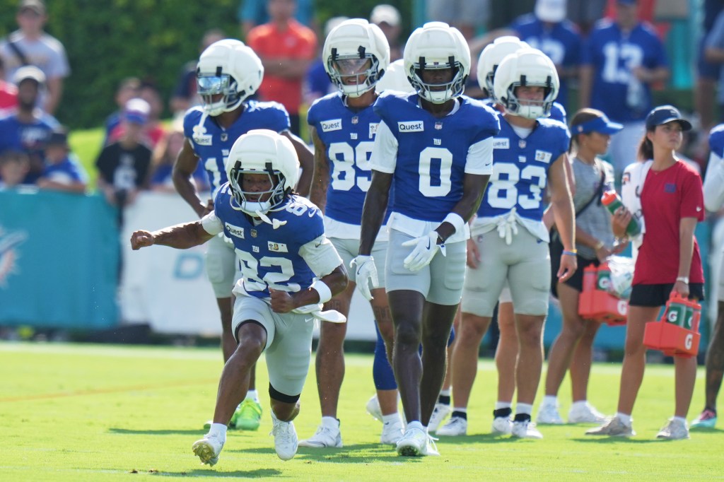Receiver Calvin Austin runs a drill during the Giants-Dolphins joint practice on Aug. 20, 2026 in Miami Gardens, Fla.