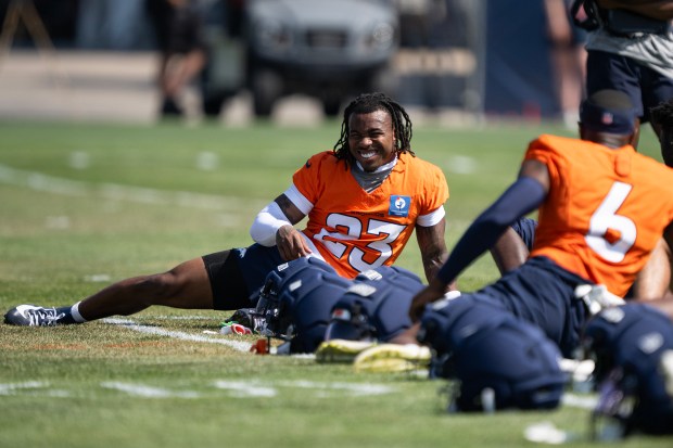 Cornerback Jahdae Barron (23) of the Denver Broncos stretches during practice on Thursday, August. 6, 2026, at Broncos Park in Centennial, Colo.(Photo by Timothy Hurst/The Denver Post)