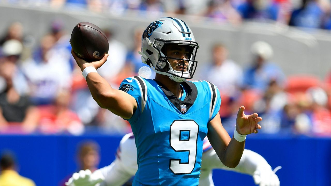 Carolina Panthers quarterback Bryce Young throws a pass during a preseason NFL football game against the Buffalo Bills, Saturday, Aug. 15, 2026, in Orchard Park, N.Y. (AP Photo/Adrian Kraus)