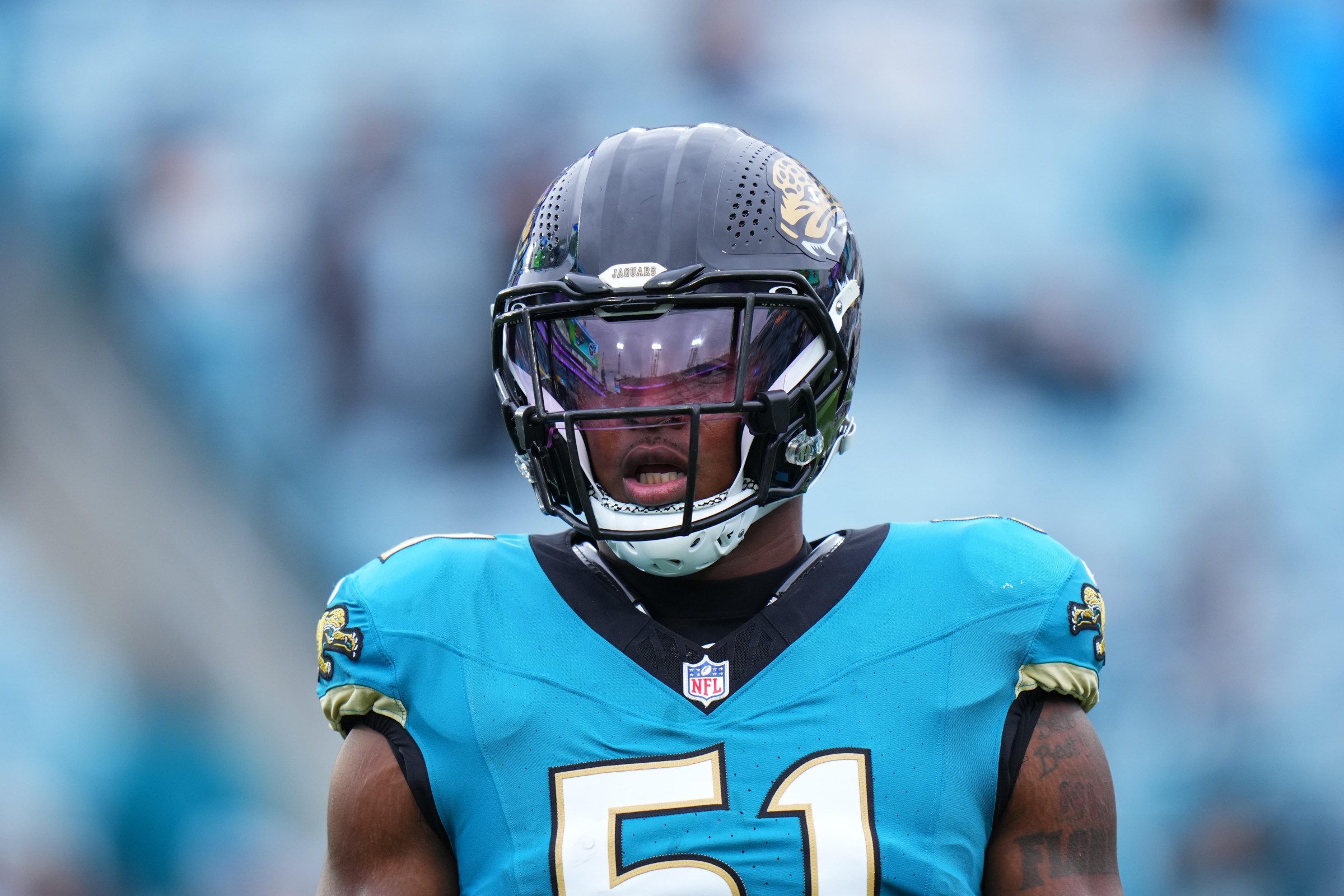 JACKSONVILLE, FLORIDA - JANUARY 04: Ventrell Miller #51 of the Jacksonville Jaguars warms up prior to a game against the Tennessee Titans at EverBank Stadium on January 04, 2026 in Jacksonville, Florida. (Photo by Rich Storry/Getty Images)