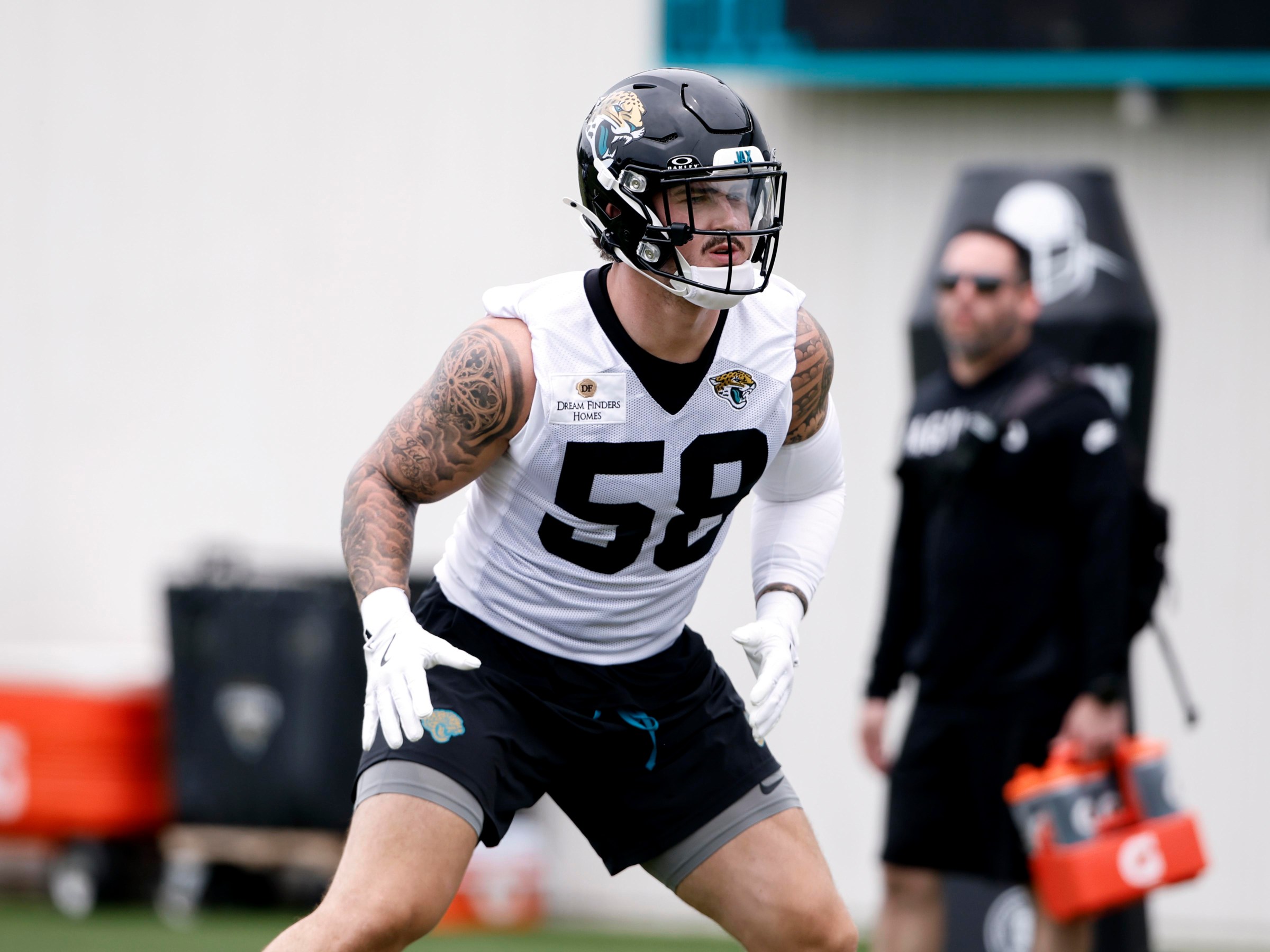 JACKSONVILLE, FL - MAY 09: Zach Durfee #58 of the Jacksonville Jaguars goes through workout drills during Rookie Mini Camp at Miller Electric Center on May 9, 2026 in Jacksonville, Florida. (Photo by Don Juan Moore/Getty Images)