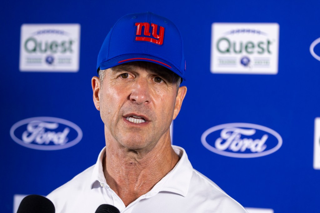 John Harbaugh speaks to the media after Giants practice on Aug. 1, 2026. 