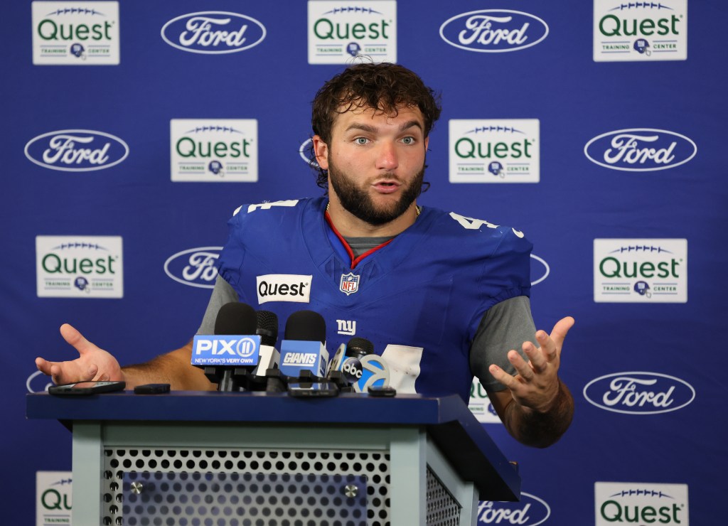 New York Giants running back Cam Skattebo speaking to the media after practice.