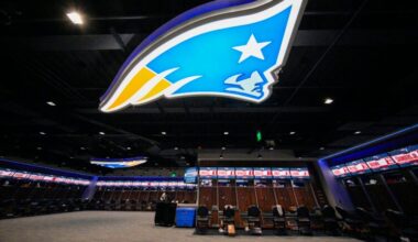 The team locker room pictured during a media tour at the New England Patriots state-of-the-art New Balance training headquarters in Foxborough, MA.