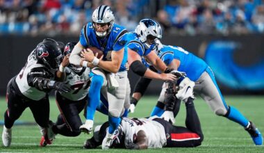 Carolina Panthers quarterback Kyle Trask runs against the Houston Texans during an NFL preseason football game Friday, Aug. 28, 2026, in Charlotte, N.C. (AP Photo/Erik Verduzco)