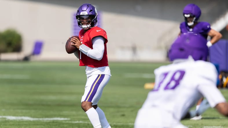 Minnesota Vikings quarterback Kyler Murray at the first padded practice of training camp - 2026