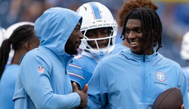 Aug 29, 2026; Nashville, Tennessee, USA; Tennessee Titans quarterback Cam Ward (1) and wide receiver Calvin Ridley (0) joke around against the Chicago Bears during pre-game warmups at Nissan Stadium. Mandatory Credit: Steve Roberts-Imagn Images