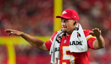 Aug 28, 2026; Kansas City, Missouri, USA; Kansas City Chiefs quarterback Patrick Mahomes (15) quiets the crowd during the second half against the Seattle Seahawks at Arrowhead Stadium. Mandatory Credit: Jay Biggerstaff-Imagn Images