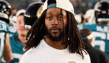 Jacksonville Jaguars wide receiver Jakobi Meyers (3) walks along the sideline with a brace on his right hand during the first half against the Carolina Panthers at EverBank Stadium in the second preseason game on Friday night, August 21, 2026 in Jacksonville, Fla.