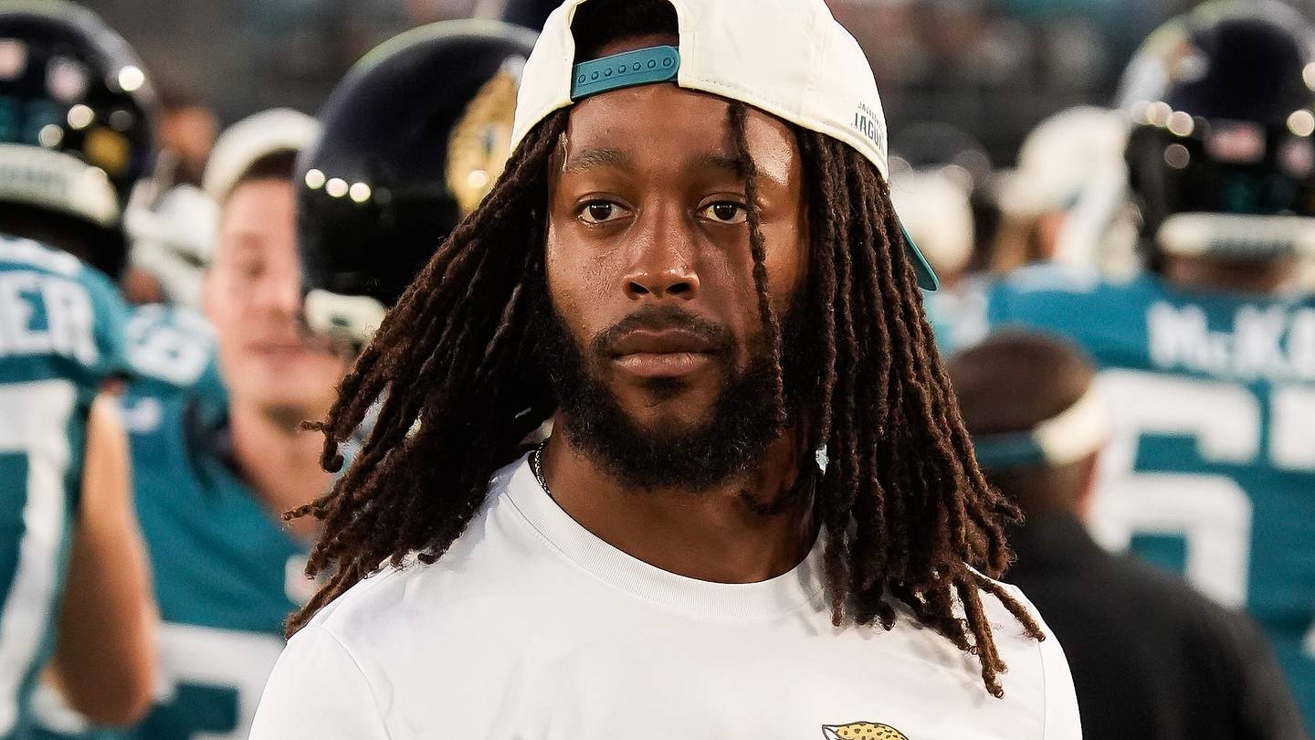 Jacksonville Jaguars wide receiver Jakobi Meyers (3) walks along the sideline with a brace on his right hand during the first half against the Carolina Panthers at EverBank Stadium in the second preseason game on Friday night, August 21, 2026 in Jacksonville, Fla.