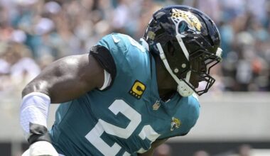 Sep 13, 2026; Jacksonville, Florida, USA;  Jacksonville Jaguars linebacker Foyesade Oluokun (23) with an interception in the first quarter against the Cleveland Browns at EverBank Stadium.  Mandatory Credit: Melina Myers-Imagn Images