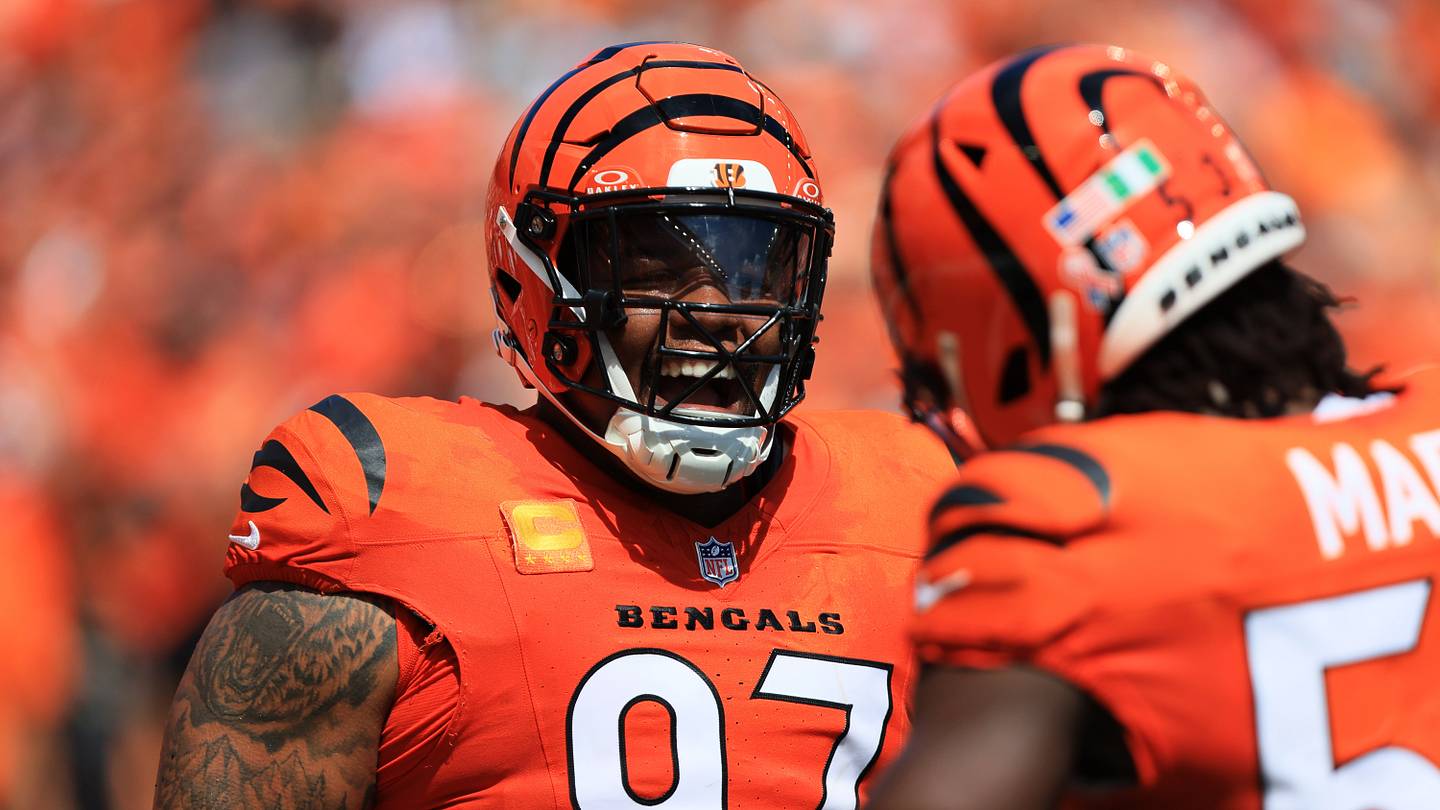 Sep 13, 2026; Cincinnati, Ohio, USA;  Cincinnati Bengals defensive tackle Dexter Lawrence II (97) reacts after recovering a fumble during the second quarter at Paycor Stadium.  Mandatory Credit: Katie Stratman-Imagn Images