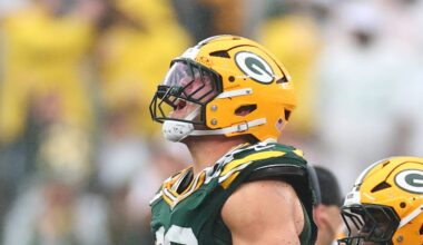 Sep 20, 2026; East Rutherford, New Jersey, USA;  Green Bay Packers defensive end Lukas Van Ness (90) celebrates a fourth down defensive stop New York Jets during the fourth quarter at MetLife Stadium.  Mandatory Credit: Vincent Carchietta-Imagn Images
