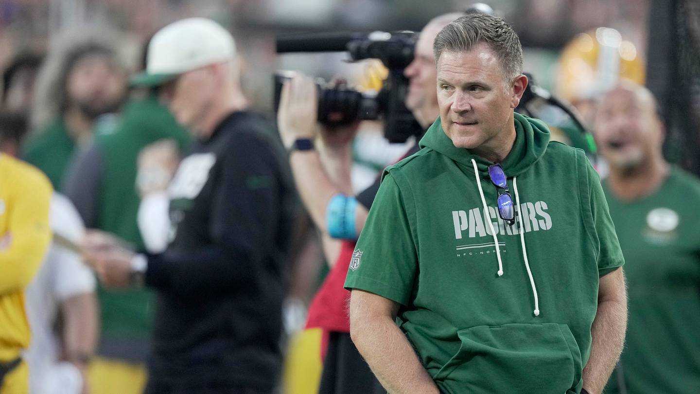 Green Bay Packers general manager Brian Gutekunst is shown during the first quarter of their preseason game against the Arizona Cardinals Friday, August 28, 2026 at Lambeau Field in Green Bay, Wisconsin.