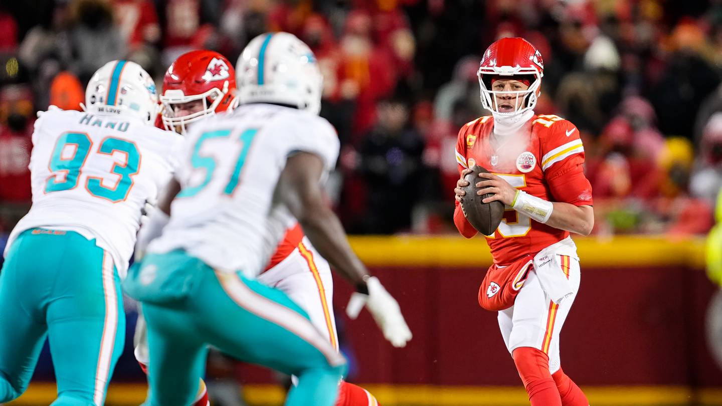 Jan 13, 2024; Kansas City, Missouri, USA; Kansas City Chiefs quarterback Patrick Mahomes (15) against the Miami Dolphins during the second half of a 2024 AFC wild card game at GEHA Field at Arrowhead Stadium. Mandatory Credit: Jay Biggerstaff-USA TODAY Sports