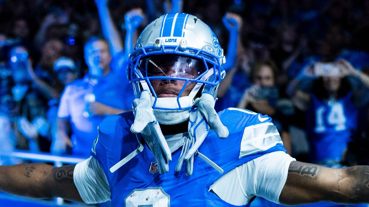 Detroit Lions running back Jahmyr Gibbs is introduced in the starting lineup ahead of the season opener against the New Orleans Saints at Ford Field in Detroit on Sunday, Sept. 13, 2026.
