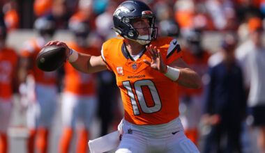 Denver Broncos quarterback Bo Nix passes against the Jacksonville Jaguars in the first half of an NFL football game in Denver, Sunday, Sept. 20, 2026. (AP Photo/David Zalubowski)
