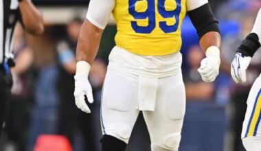 Los Angeles Rams defensive end Aaron Donald (99) smiles during the first half of an NFL football game against the New York Giants in Inglewood, Calif., Monday, Sept. 21, 2026. (AP Photo/Katie Chin)