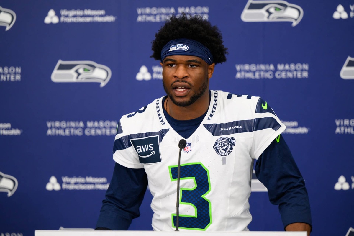  Jun 9, 2026; Renton, WA, USA; Seattle Seahawks safety Nick Emmanwori (3) speaks to the media after minicamp practice at Virginia Mason Athletic Center. Mandatory Credit: Steven Bisig-Imagn Images