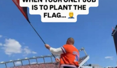 Jacksonville-area native Tim Tebow dresses in Broncos gear, waves flag before Jags game