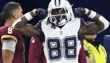 Dallas Cowboys linebacker Von Miller (40) congratulates wide receiver Ceedee Lamb (88) on his fourth quarter touchdown catch against the Washington Commanders at AT&T Stadium in Arlington, September 20, 2026.