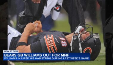 Chicago Bears quarterback Williams out for NFL Monday Night Football vs. Philadelphia Eagles; backup Tyson Bagent back at practice