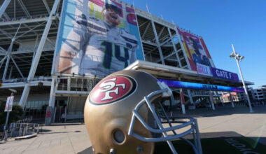 Feb 4, 2026; Santa Clara, CA, USA; A large San Francisco 49ers helmet at Levi's Stadium. Mandatory Credit: Kirby Lee-Imagn Images