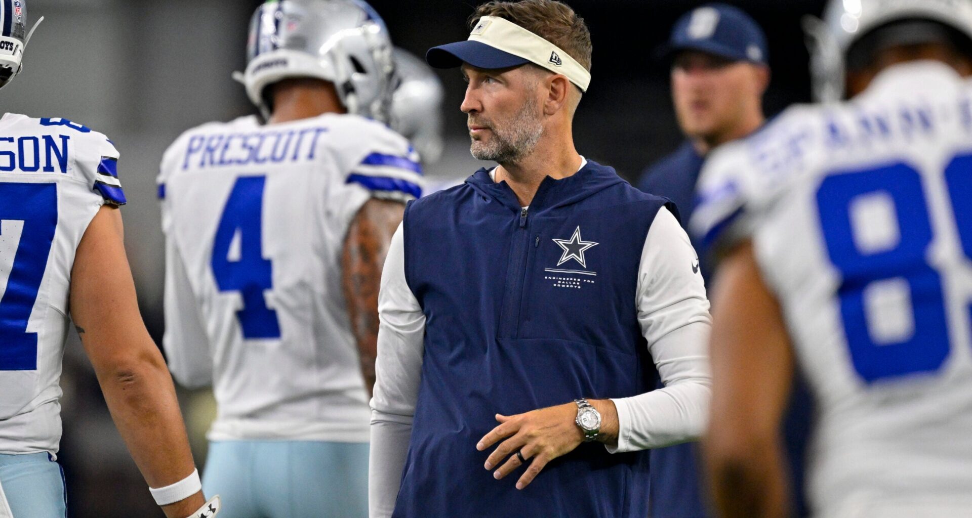 Aug 28, 2026; Arlington, Texas, USA; Dallas Cowboys head coach Brian Schottenheimer looks on before the game between the Cowboys and the Saints at AT&T Stadium.
