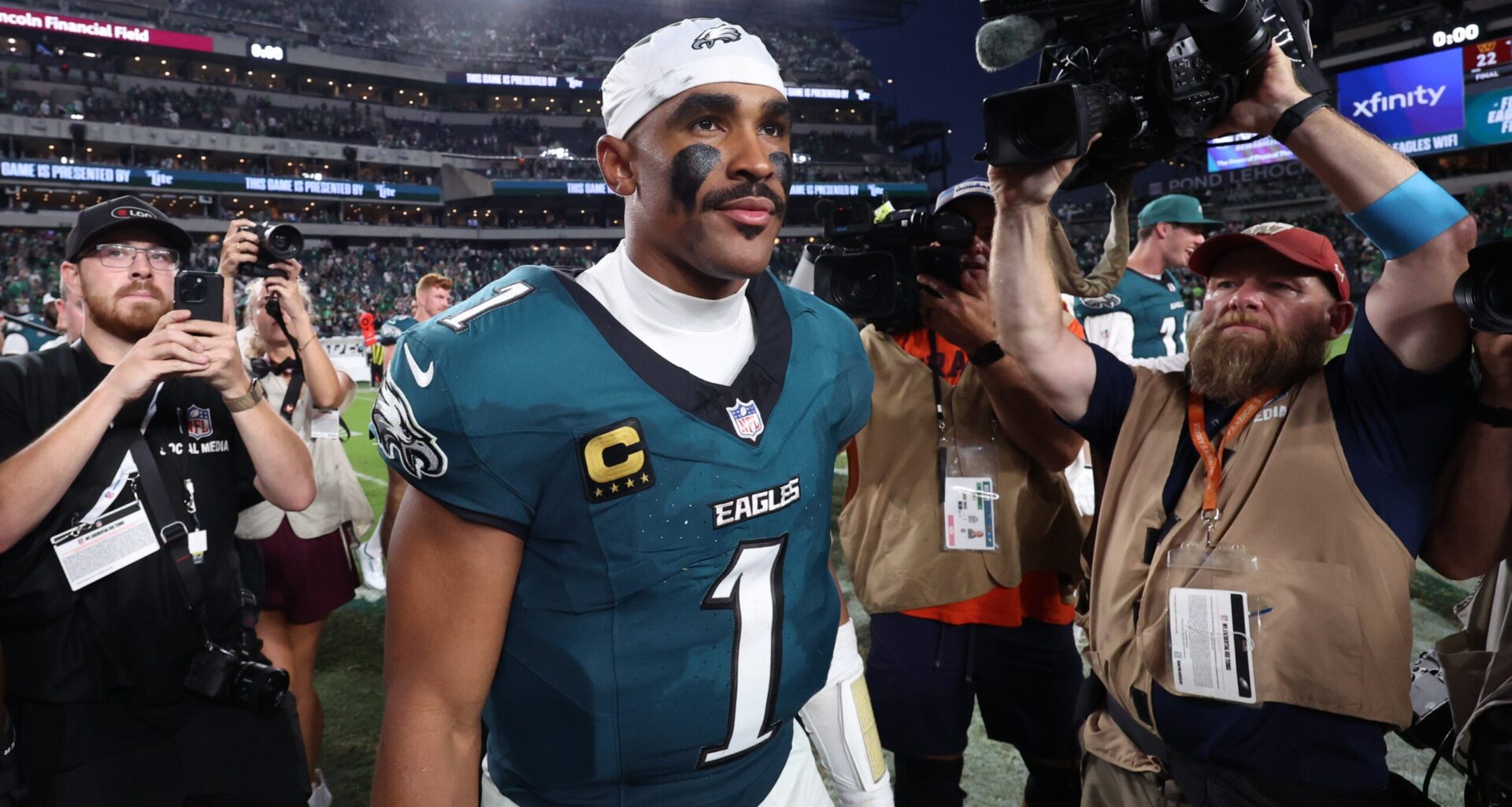 Sep 13, 2026; Philadelphia, Pennsylvania, USA; Philadelphia Eagles quarterback Jalen Hurts (1) walks off the field after the game against the Washington Commanders at Lincoln Financial Field.