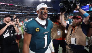 Sep 13, 2026; Philadelphia, Pennsylvania, USA; Philadelphia Eagles quarterback Jalen Hurts (1) walks off the field after the game against the Washington Commanders at Lincoln Financial Field.