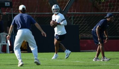 Sep 25, 2026; Rio de Janeiro, Brazil; Dallas Cowboys quarterback Dak Prescott (4) throws the ball during practice at the Clube de Regatas do Flamengo training ground.