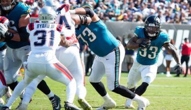 Jacksonville Jaguars running back Bhayshul Tuten (33) finds a hole in the fourth quarter during an NFL football game at EverBank Stadium, Sunday, September 27, 2026, in Jacksonville, Fla.