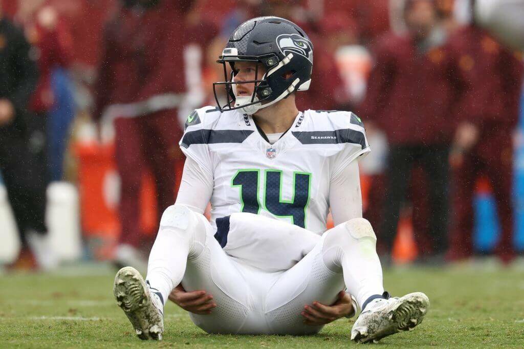 Sam Darnold (14) of the Seattle Seahawks reacts after an incomplete pass against the Washington Commanders during the second quarter at Northwest Stadium on September 27, 2026 in Landover, Maryland. (Patrick Smith / Getty Images / The Athletic)
