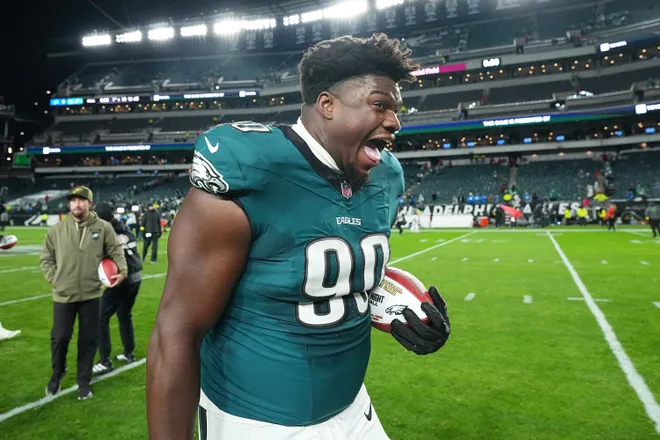 Jordan Davis of the Philadelphia Eagles leaves the field following a game against the Detroit Lions