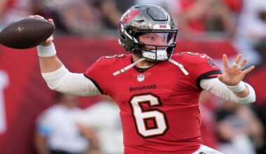 Tampa Bay Buccaneers quarterback Baker Mayfield (6) works out before an NFL football game against the Kansas City Chiefs, Saturday, Aug. 22, 2026, in Tampa, Fla. (AP Photo/Chris O'Meara)